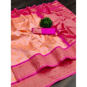 Women's Soft Lichi Silk Printed Saree with Blouse – Pink