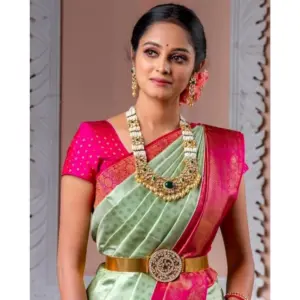 Women's Soft Lichi Silk Printed Saree with Blouse – Light Green