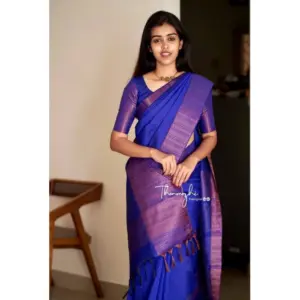 Women's Soft Lichi Silk Solid Saree with Blouse – Blue