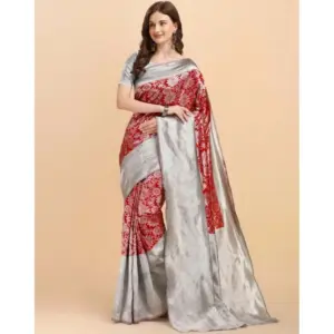 Women's Soft Lichi Silk Printed Saree with Blouse – Red