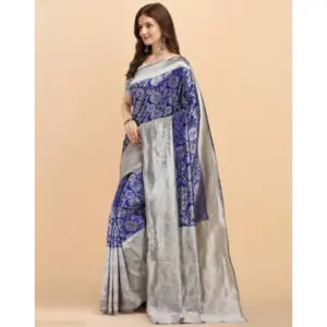 Women's Soft Lichi Silk Printed Saree with Blouse – Blue