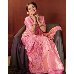Women's Soft Lichi Silk Printed Saree with Blouse – Pink