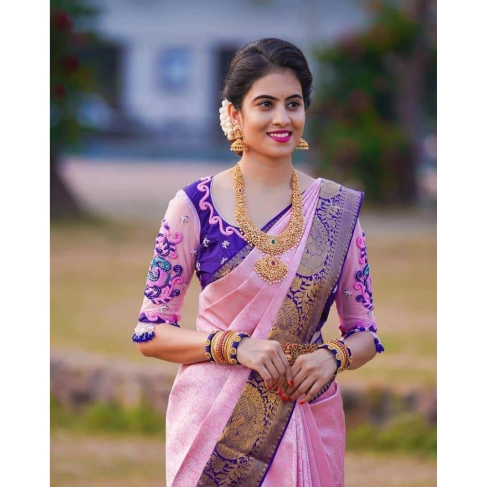 Women's Soft Lichi Silk Printed Saree with Blouse – Purple