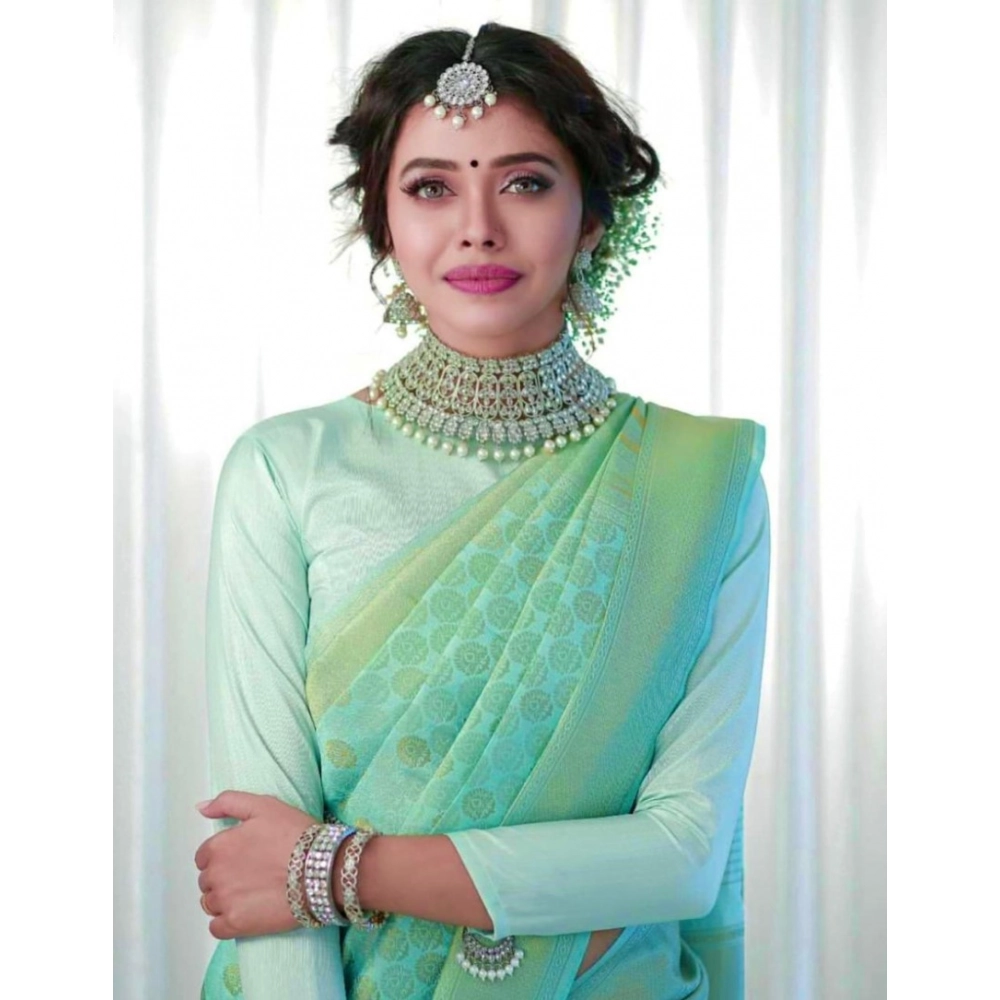 Women's Soft Lichi Silk Printed Saree with Blouse – Light Green