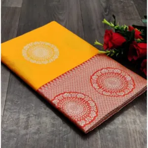 Women's Soft Lichi Silk Printed Saree with Blouse – Yellow