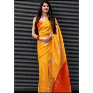 Women's Soft Lichi Silk Printed Saree with Blouse – Yellow