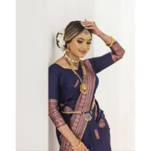 Women's Soft Lichi Silk Printed Saree with Blouse – Navy Blue