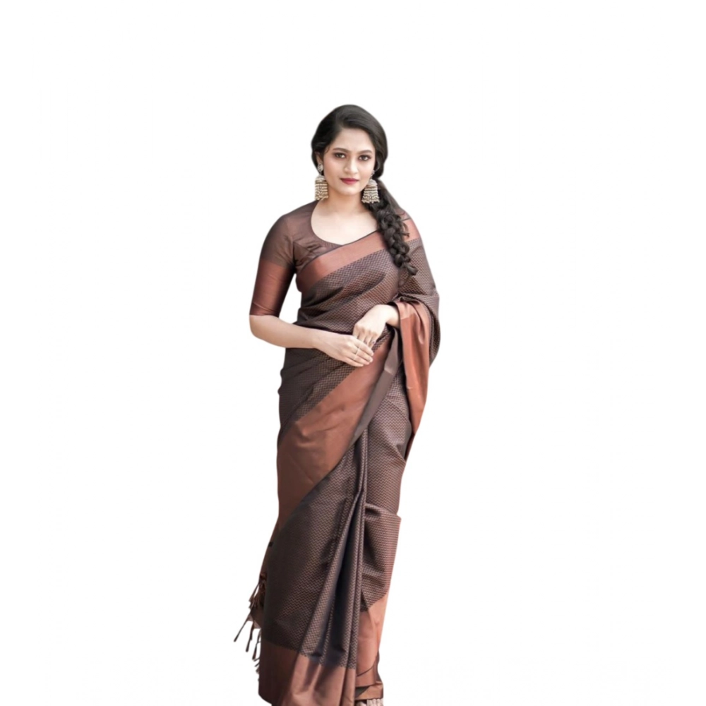 Women's Soft Lichi Silk Printed Saree with Blouse – Brown