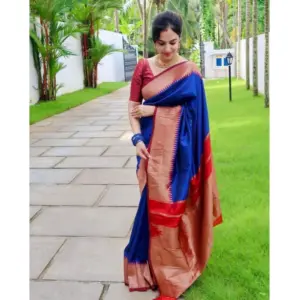 Women's Soft Lichi Silk Solid Saree with Blouse – Blue