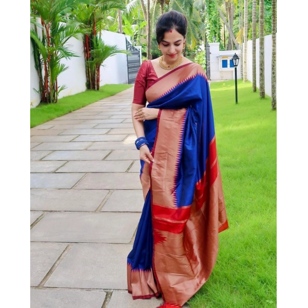 Women's Soft Lichi Silk Solid Saree with Blouse – Blue
