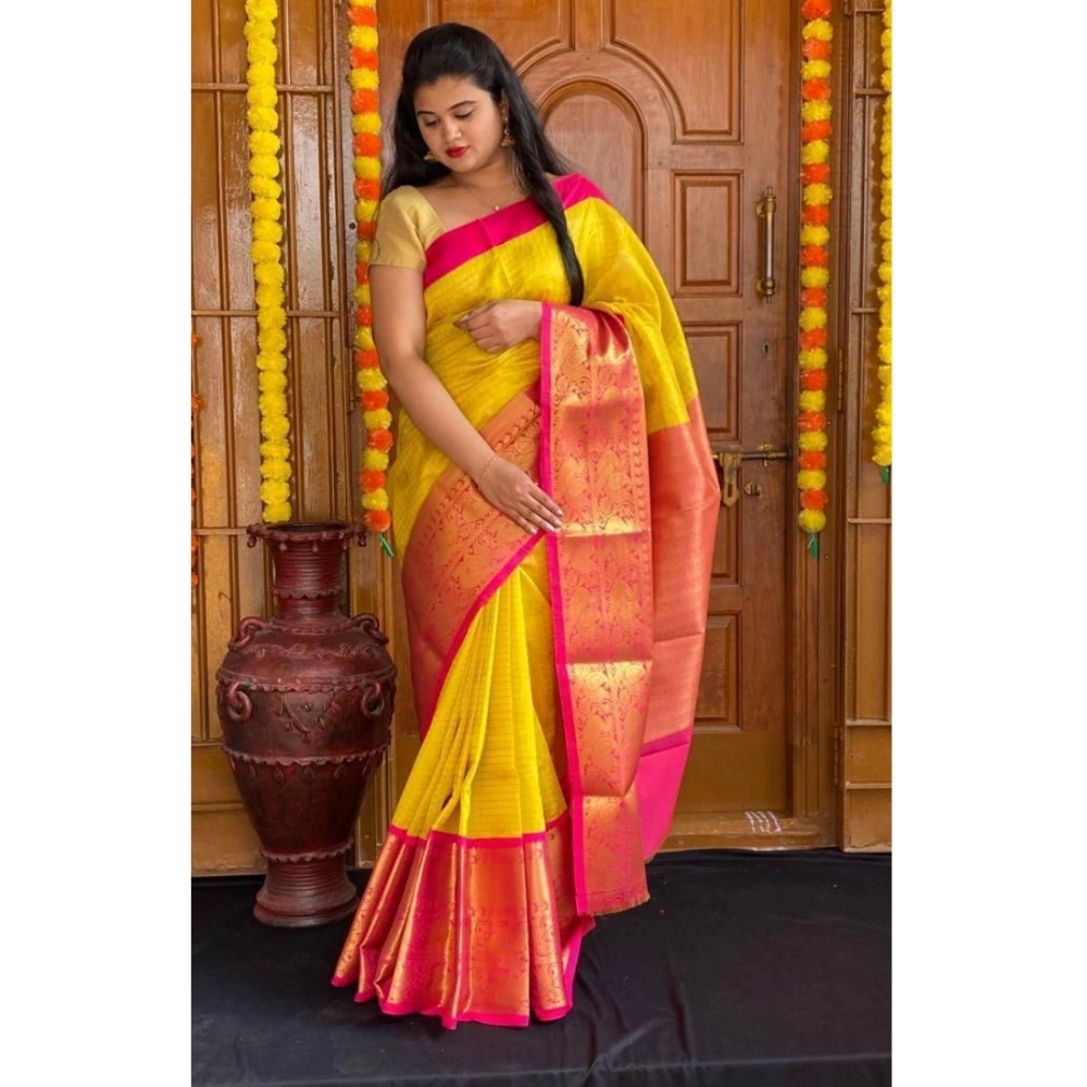 Women's Soft Lichi Silk Printed Saree with Blouse – Yellow