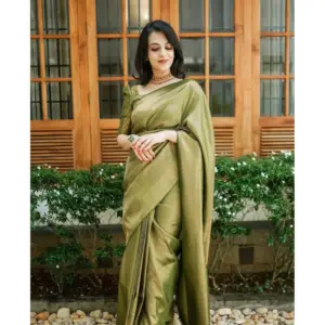 Women's Soft Lichi Silk Printed Saree with Blouse – Green