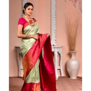 Women's Soft Lichi Silk Printed Saree with Blouse – Light Green