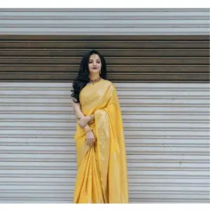 Women's Soft Lichi Silk Printed Saree with Blouse – Yellow