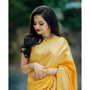 Women's Soft Lichi Silk Printed Saree with Blouse – Yellow