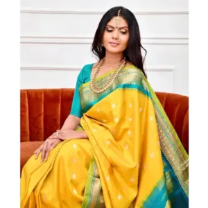 Women's Soft Lichi Silk Printed Saree with Blouse – Yellow