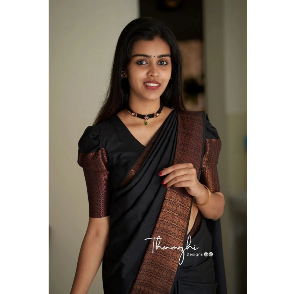 Women's Soft Lichi Silk Solid Saree with Blouse – Black
