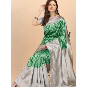 Women's Soft Lichi Silk Printed Saree with Blouse – Green