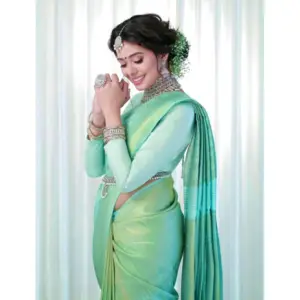 Women's Soft Lichi Silk Printed Saree with Blouse – Light Green