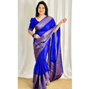 Women's Soft Lichi Silk Solid Saree with Blouse – Blue