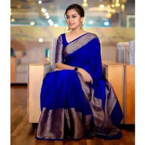 Women's Soft Lichi Silk Solid Saree with Blouse – Blue