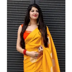 Women's Soft Lichi Silk Printed Saree with Blouse – Yellow