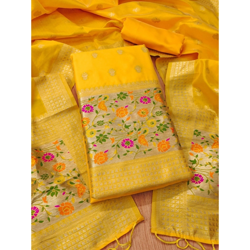 Generic Women's Banarasi Silk Printed Unstitched Salwar Suit Material With Dupatta (Yellow, 3Mtrs)