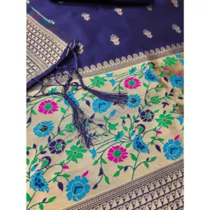 Generic Women's Banarasi Silk Printed Unstitched Salwar Suit Material With Dupatta (Navy Blue, 3Mtrs)