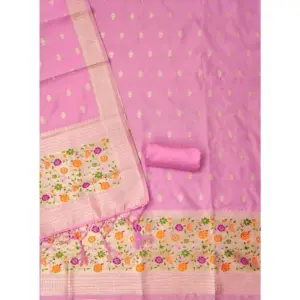 Generic Women's Banarasi Silk Printed Unstitched Salwar Suit Material With Dupatta (Light Pink, 3Mtrs)