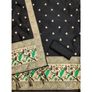 Generic Women's Banarasi Silk Printed Unstitched Salwar Suit Material With Dupatta (Black, 3Mtrs)