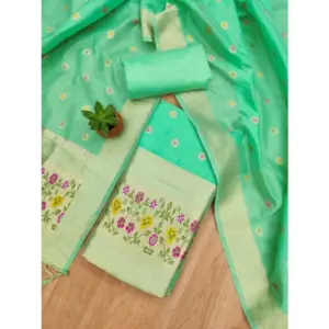 Generic Women's Banarasi Silk Printed Unstitched Salwar Suit Material With Dupatta (Sea Green, 3Mtrs)