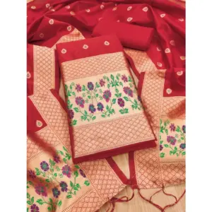 Generic Women's Banarasi Silk Printed Unstitched Salwar Suit Material With Dupatta (Red, 3Mtrs)