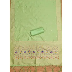 Generic Women's Banarasi Silk Printed Unstitched Salwar Suit Material With Dupatta (Pista, 3Mtrs)