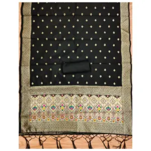 Generic Women's Banarasi Silk Printed Unstitched Salwar Suit Material With Dupatta (Black, 3Mtrs)