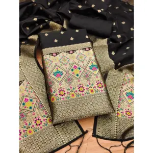 Generic Women's Banarasi Silk Printed Unstitched Salwar Suit Material With Dupatta (Black, 3Mtrs)