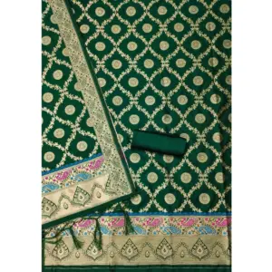 Generic Women's Banarasi Silk Printed Unstitched Salwar Suit Material With Dupatta (Bottle Green, 3Mtrs)