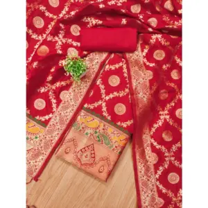 Generic Women's Banarasi Silk Printed Unstitched Salwar Suit Material With Dupatta (Red, 3Mtrs)
