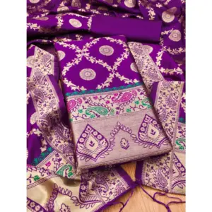 Generic Women's Banarasi Silk Printed Unstitched Salwar Suit Material With Dupatta (Purple, 3Mtrs)