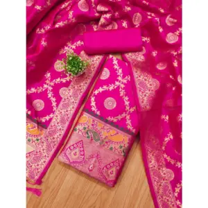 Generic Women's Banarasi Silk Printed Unstitched Salwar Suit Material With Dupatta (Pink, 3Mtrs)