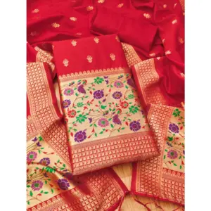 Generic Women's Banarasi Silk Printed Unstitched Salwar Suit Material With Dupatta (Red, 3Mtrs)