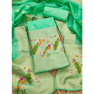 Generic Women's Banarasi Silk Printed Unstitched Salwar Suit Material With Dupatta (Sea Green, 3Mtrs)
