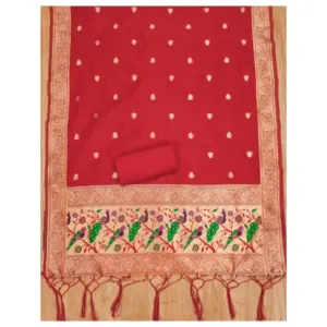 Generic Women's Banarasi Silk Printed Unstitched Salwar Suit Material With Dupatta (Red, 3Mtrs)