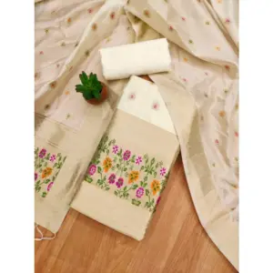 Generic Women's Banarasi Silk Printed Unstitched Salwar Suit Material With Dupatta (White, 3Mtrs)