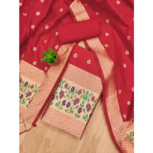 Generic Women's Banarasi Silk Printed Unstitched Salwar Suit Material With Dupatta (Red, 3Mtrs)
