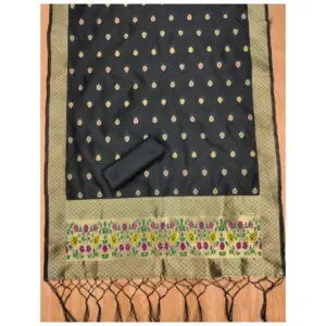 Generic Women's Banarasi Silk Printed Unstitched Salwar Suit Material With Dupatta (Black, 3Mtrs)