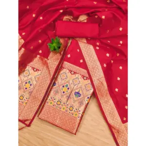 Generic Women's Banarasi Silk Printed Unstitched Salwar Suit Material With Dupatta (Red, 3Mtrs)
