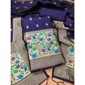 Generic Women's Banarasi Silk Printed Unstitched Salwar Suit Material With Dupatta (Navy Blue, 3Mtrs)