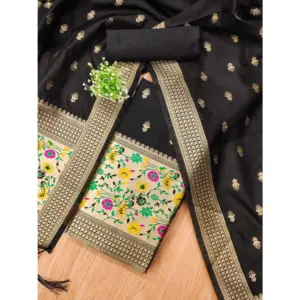 Generic Women's Banarasi Silk Printed Unstitched Salwar Suit Material With Dupatta (Black, 3Mtrs)