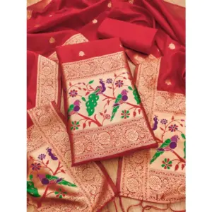Generic Women's Banarasi Silk Printed Unstitched Salwar Suit Material With Dupatta (Red, 3Mtrs)