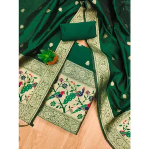 Generic Women's Banarasi Silk Printed Unstitched Salwar Suit Material With Dupatta (Bottle Green, 3Mtrs)